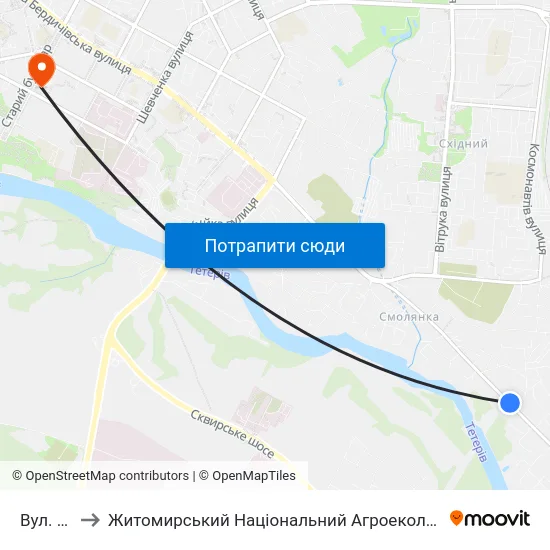 Вул. Комерційна to Житомирський Національний Агроекологічний Університет / Zhytomyr National Agroecological University map