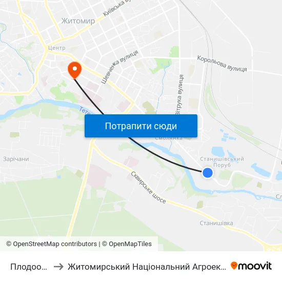 Плодоовочевий Комбінат to Житомирський Національний Агроекологічний Університет / Zhytomyr National Agroecological University map