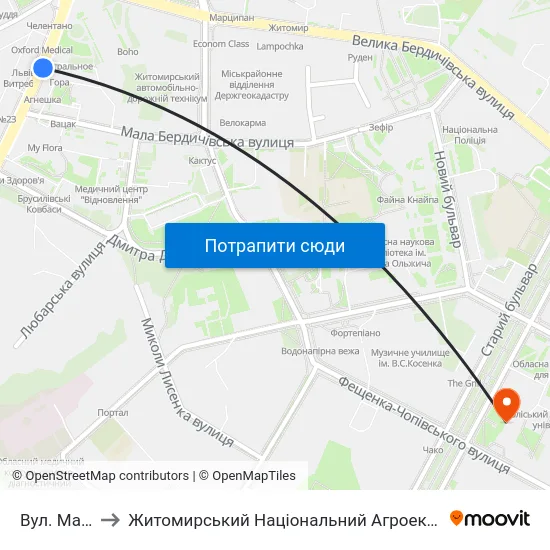 Вул. Мала Бердичівська to Житомирський Національний Агроекологічний Університет / Zhytomyr National Agroecological University map