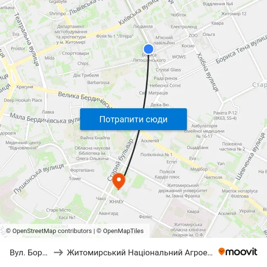Вул. Бориса Лятошинського to Житомирський Національний Агроекологічний Університет / Zhytomyr National Agroecological University map