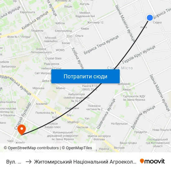 Вул. Бориса Тена to Житомирський Національний Агроекологічний Університет / Zhytomyr National Agroecological University map