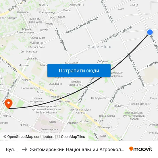 Вул. Шевченка to Житомирський Національний Агроекологічний Університет / Zhytomyr National Agroecological University map