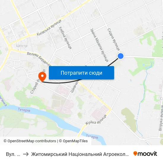 Вул. Корольова to Житомирський Національний Агроекологічний Університет / Zhytomyr National Agroecological University map