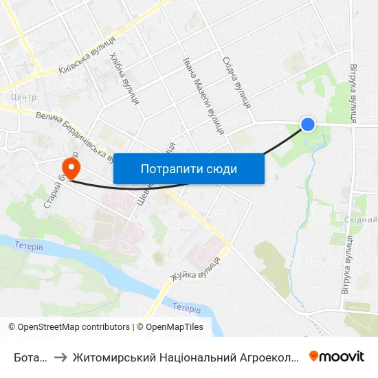 Ботанічний Сад to Житомирський Національний Агроекологічний Університет / Zhytomyr National Agroecological University map