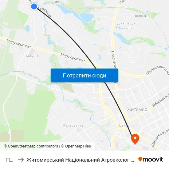 Пл. Миру to Житомирський Національний Агроекологічний Університет / Zhytomyr National Agroecological University map
