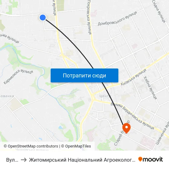 Вул. Чехова to Житомирський Національний Агроекологічний Університет / Zhytomyr National Agroecological University map