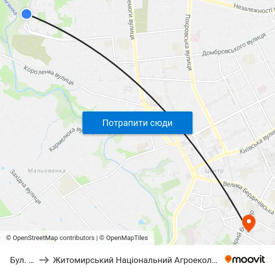 Бул. Польський to Житомирський Національний Агроекологічний Університет / Zhytomyr National Agroecological University map