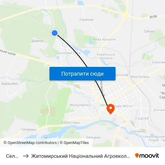 Селище Лісове to Житомирський Національний Агроекологічний Університет / Zhytomyr National Agroecological University map