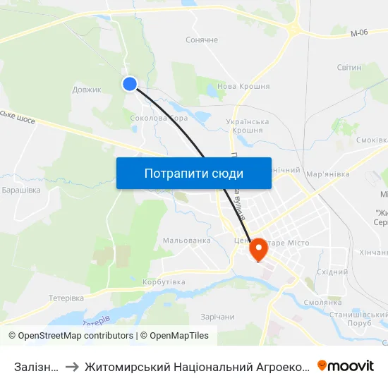 Залізничний Переїзд to Житомирський Національний Агроекологічний Університет / Zhytomyr National Agroecological University map