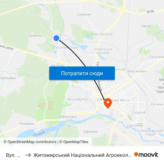 Вул. Фізкультурна to Житомирський Національний Агроекологічний Університет / Zhytomyr National Agroecological University map