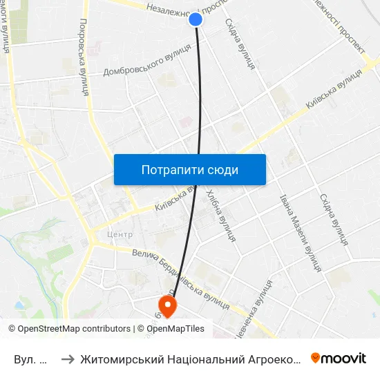 Вул. Мануїльського to Житомирський Національний Агроекологічний Університет / Zhytomyr National Agroecological University map