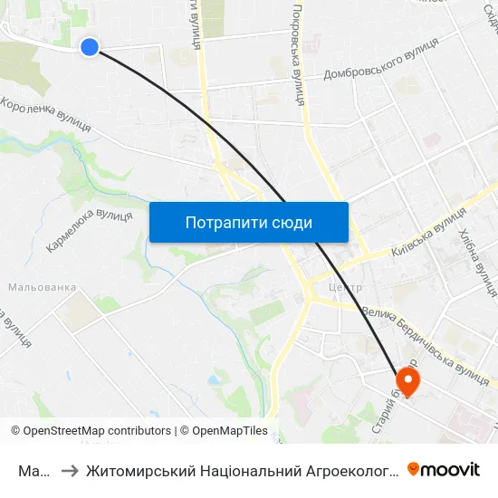 Маликова 6 to Житомирський Національний Агроекологічний Університет / Zhytomyr National Agroecological University map