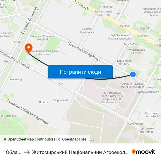 Обласна Лікарня to Житомирський Національний Агроекологічний Університет / Zhytomyr National Agroecological University map