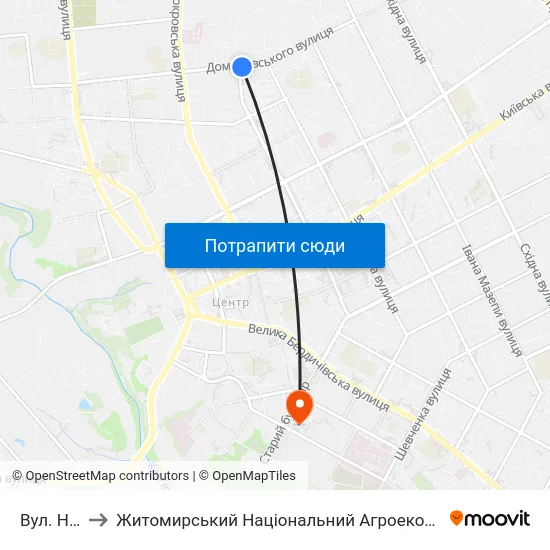 Вул. Небесної Сотні to Житомирський Національний Агроекологічний Університет / Zhytomyr National Agroecological University map