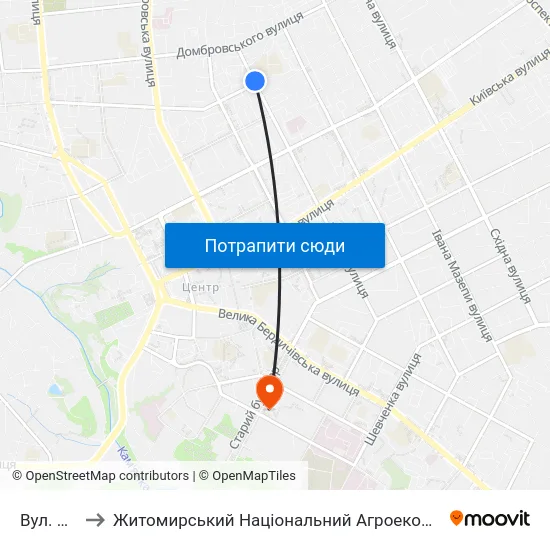 Вул. Лесі Українки to Житомирський Національний Агроекологічний Університет / Zhytomyr National Agroecological University map