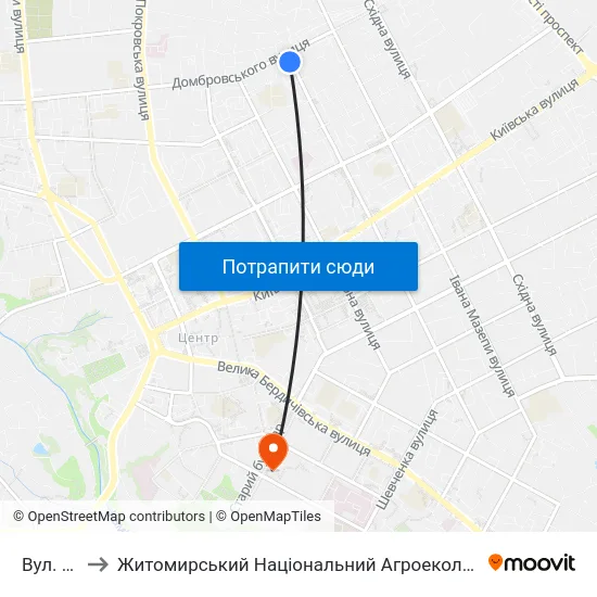 Вул. Шелушкова to Житомирський Національний Агроекологічний Університет / Zhytomyr National Agroecological University map