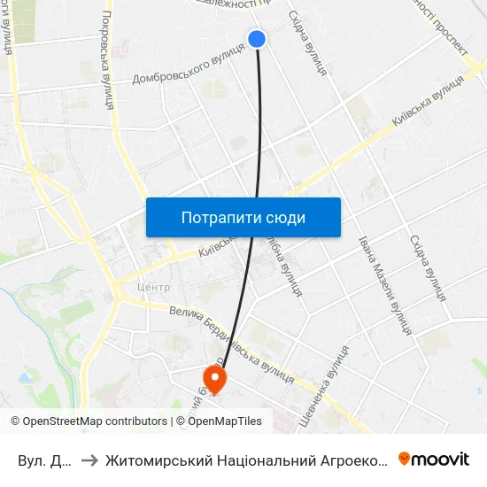 Вул. Домбровського to Житомирський Національний Агроекологічний Університет / Zhytomyr National Agroecological University map