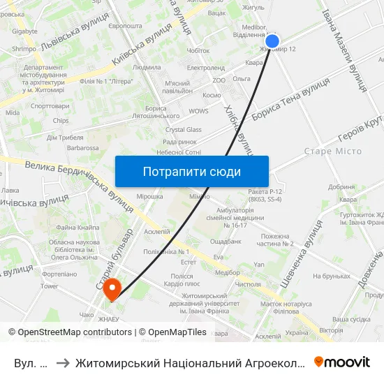 Вул. Гоголівська to Житомирський Національний Агроекологічний Університет / Zhytomyr National Agroecological University map