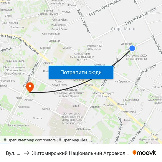 Вул. Шелушкова to Житомирський Національний Агроекологічний Університет / Zhytomyr National Agroecological University map