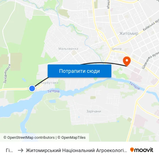 Гідропарк to Житомирський Національний Агроекологічний Університет / Zhytomyr National Agroecological University map