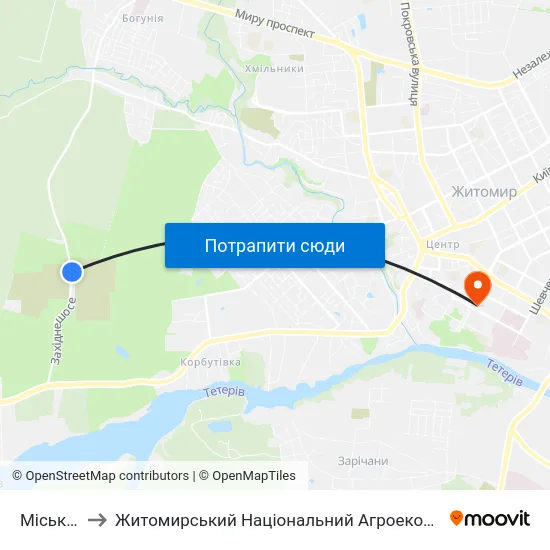 Міське Кладовище to Житомирський Національний Агроекологічний Університет / Zhytomyr National Agroecological University map