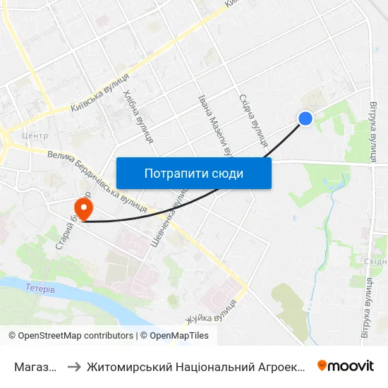 Магазин Реал-Маркет to Житомирський Національний Агроекологічний Університет / Zhytomyr National Agroecological University map