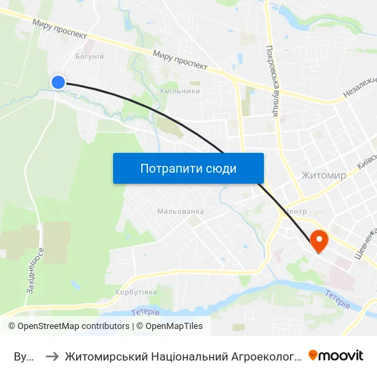 Вул. Зелена to Житомирський Національний Агроекологічний Університет / Zhytomyr National Agroecological University map