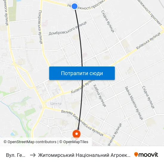 Вул. Генерала Потапова to Житомирський Національний Агроекологічний Університет / Zhytomyr National Agroecological University map