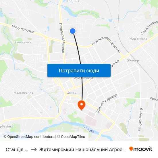 Станція Швидкої Допомоги to Житомирський Національний Агроекологічний Університет / Zhytomyr National Agroecological University map