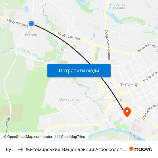 Вул. Миру to Житомирський Національний Агроекологічний Університет / Zhytomyr National Agroecological University map