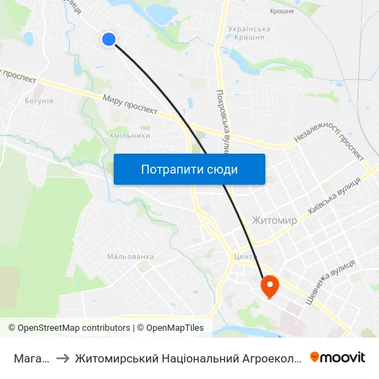 Магазин Берізка to Житомирський Національний Агроекологічний Університет / Zhytomyr National Agroecological University map