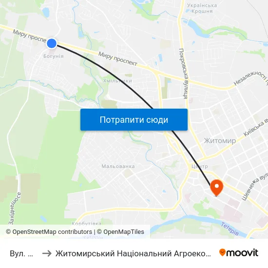 Вул. Красовського to Житомирський Національний Агроекологічний Університет / Zhytomyr National Agroecological University map