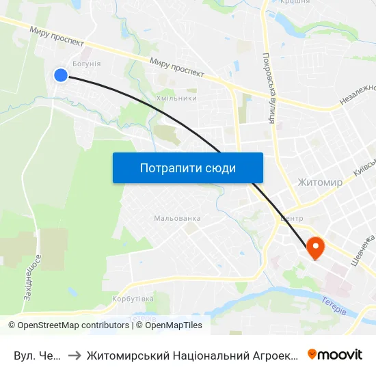 Вул. Червоноармійська to Житомирський Національний Агроекологічний Університет / Zhytomyr National Agroecological University map