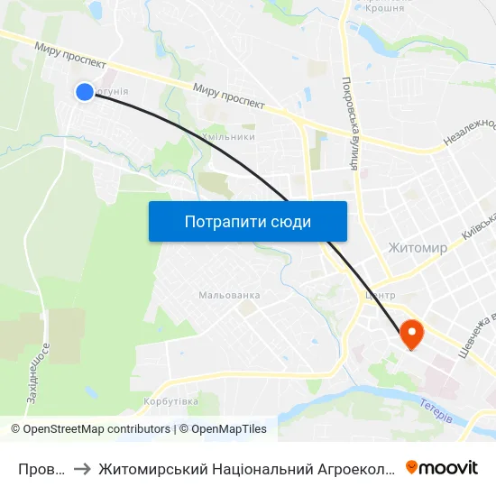 Пров. 1-Й Лісний to Житомирський Національний Агроекологічний Університет / Zhytomyr National Agroecological University map