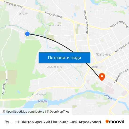 Вул. Дачна to Житомирський Національний Агроекологічний Університет / Zhytomyr National Agroecological University map