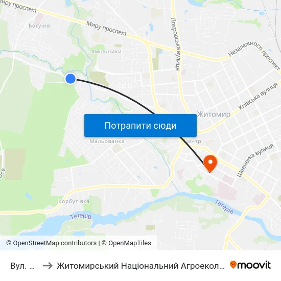 Вул. Барашівська to Житомирський Національний Агроекологічний Університет / Zhytomyr National Agroecological University map