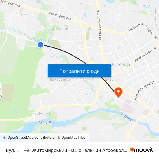 Вул. Барашівська to Житомирський Національний Агроекологічний Університет / Zhytomyr National Agroecological University map