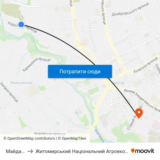 Майдан Руднянський to Житомирський Національний Агроекологічний Університет / Zhytomyr National Agroecological University map