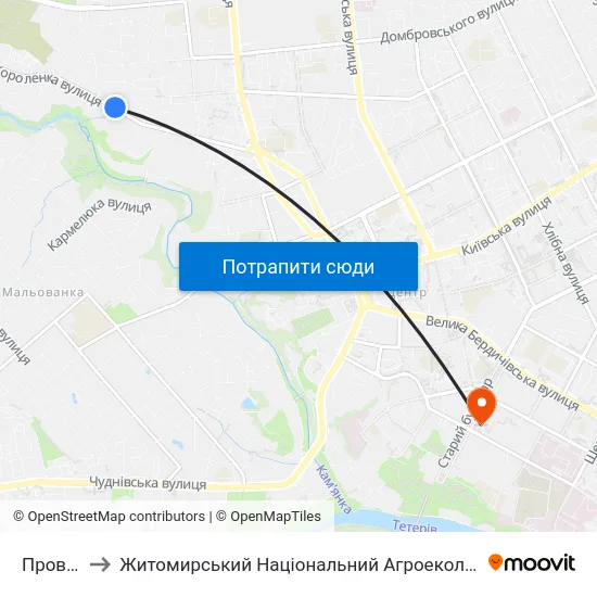 Пров. 2-Й Чехова to Житомирський Національний Агроекологічний Університет / Zhytomyr National Agroecological University map