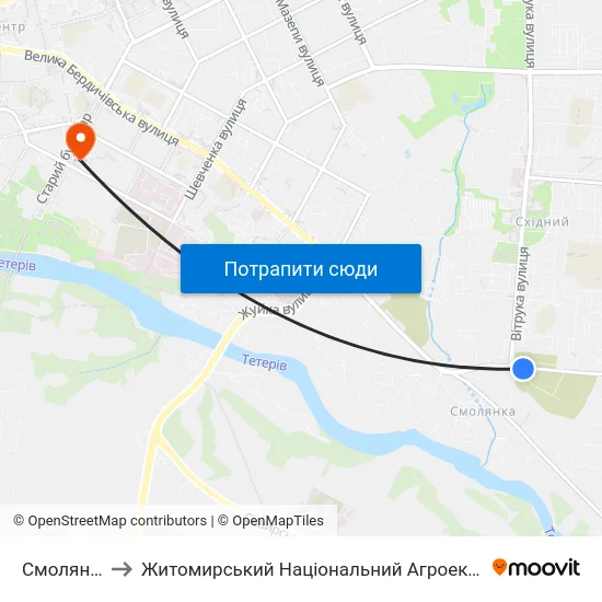 Смолянське Кладовище to Житомирський Національний Агроекологічний Університет / Zhytomyr National Agroecological University map