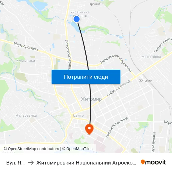 Вул. Яна Охоцького to Житомирський Національний Агроекологічний Університет / Zhytomyr National Agroecological University map