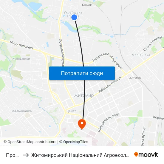 Пров. Медовий to Житомирський Національний Агроекологічний Університет / Zhytomyr National Agroecological University map