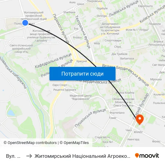 Вул. Маяковського to Житомирський Національний Агроекологічний Університет / Zhytomyr National Agroecological University map