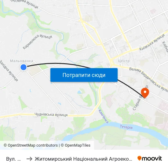 Вул. Островського to Житомирський Національний Агроекологічний Університет / Zhytomyr National Agroecological University map