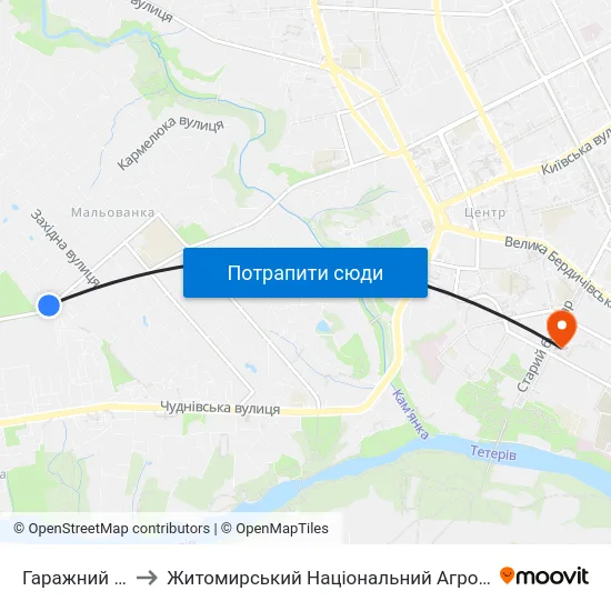 Гаражний Кооператив Корбутівка to Житомирський Національний Агроекологічний Університет / Zhytomyr National Agroecological University map