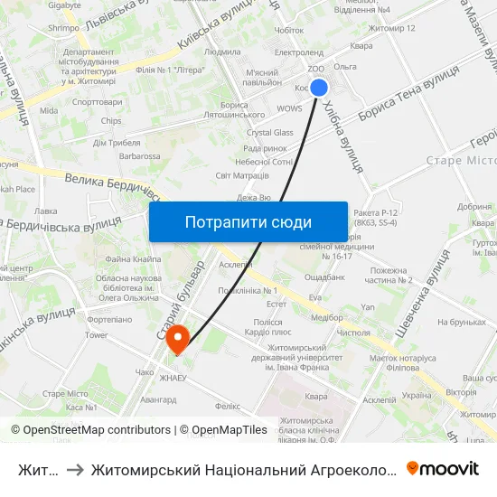 Житній Ринок to Житомирський Національний Агроекологічний Університет / Zhytomyr National Agroecological University map