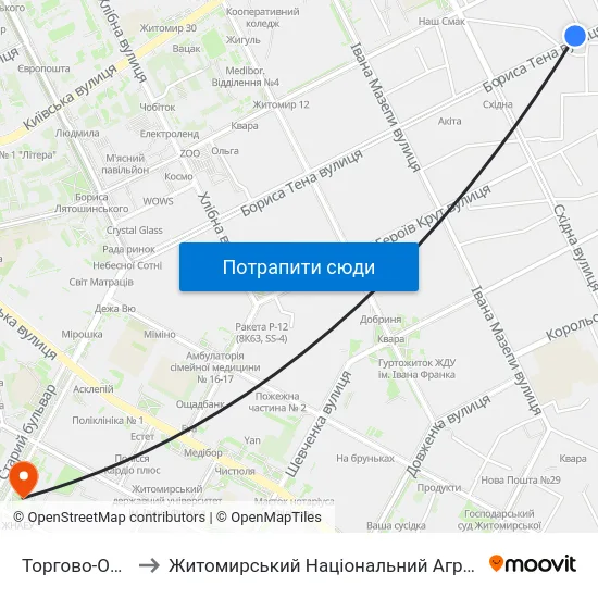 Торгово-Оздоровчий Центр Східний to Житомирський Національний Агроекологічний Університет / Zhytomyr National Agroecological University map