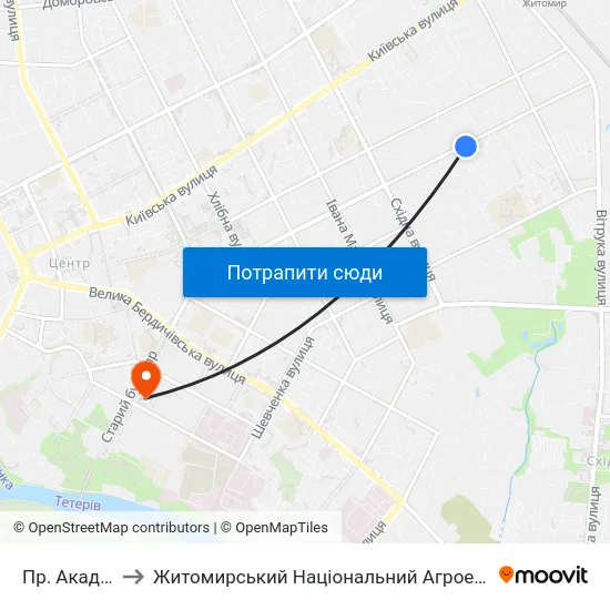 Пр. Академіка Тутковського to Житомирський Національний Агроекологічний Університет / Zhytomyr National Agroecological University map