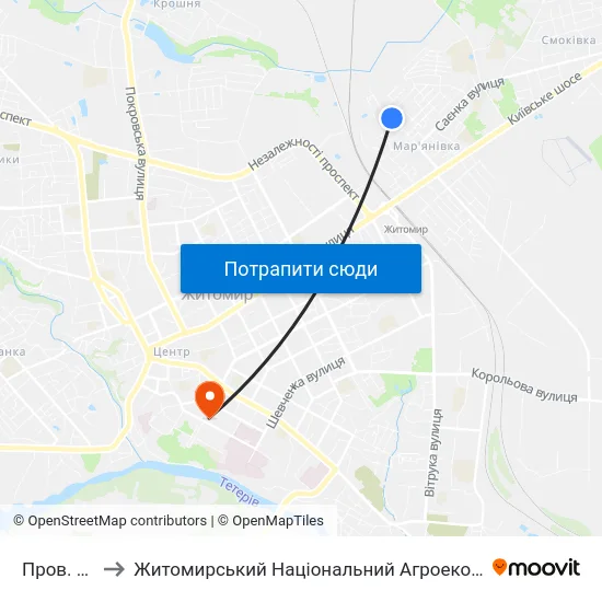 Пров. 3-Й Транзитний to Житомирський Національний Агроекологічний Університет / Zhytomyr National Agroecological University map