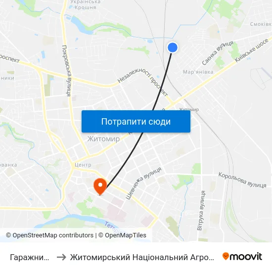 Гаражний Кооператив Восход to Житомирський Національний Агроекологічний Університет / Zhytomyr National Agroecological University map